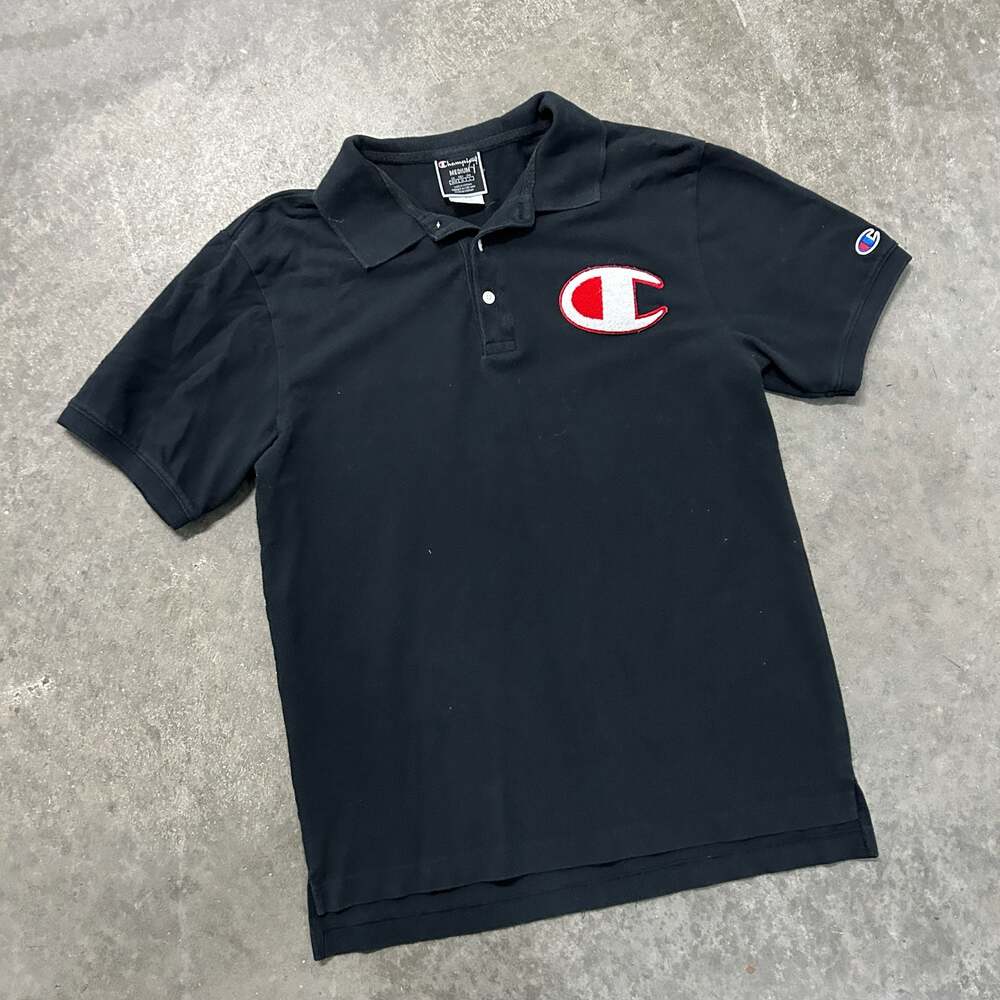 Champion Men's Black Chenille Logo Pique Short Sleeve Polo Shirt Medium